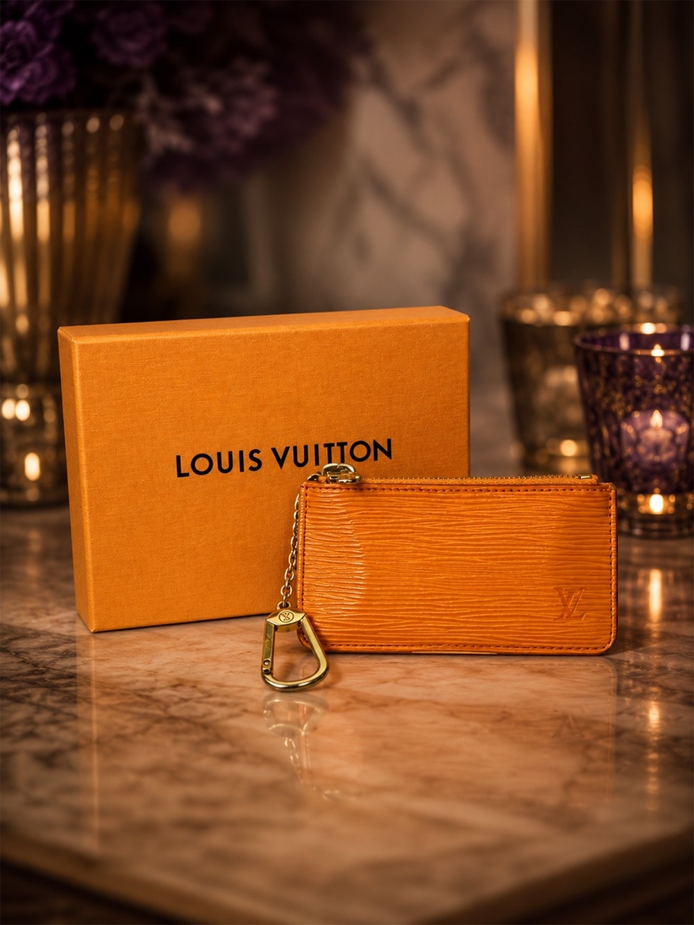 Louis Vuitton Orange Epi Key Cles Coin Pouch | LV Key Holder | Full Set | Rare